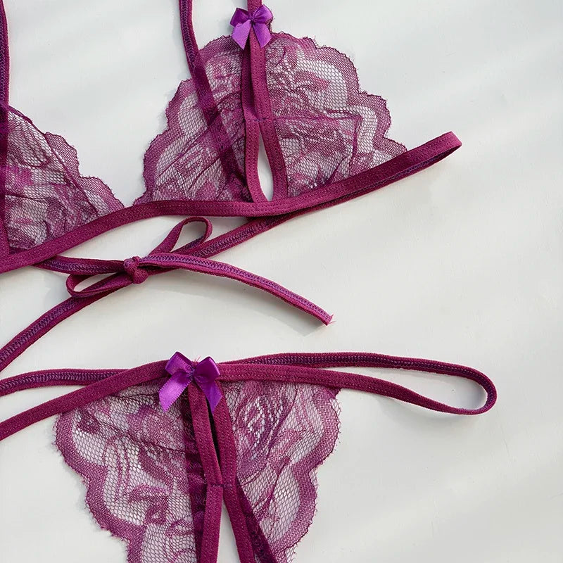 Sexy Lace-up Lingerie Set Women Hot Open Crotch Transparent Sexy Bra and Panty Sets Sex Temptation Erotic Couples Date Underwear