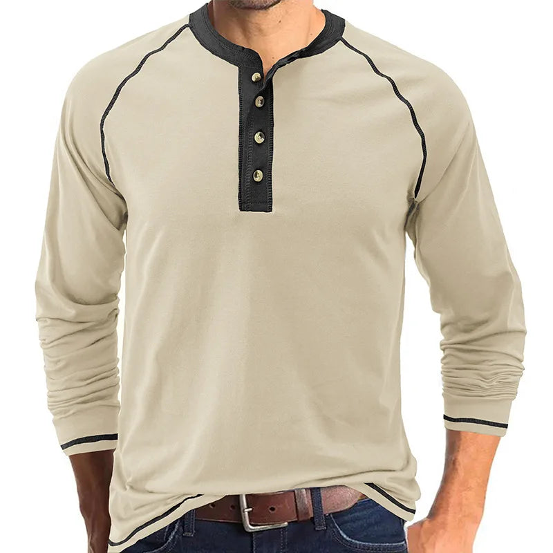 Summer  Autumn Men's American Heavy Cotton Henry Shirt  Long Sleeve Fitness Tough Guy T-Shirt Casual  T Shirt for Men Clothing
