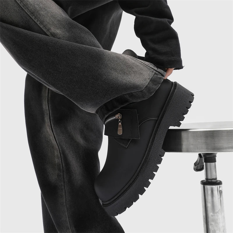 Men's Leather Shoes:Chunky-Soled Zipper Derby Shoes-Style Wide-Toe Casual Loafers#Business British Formal Luxury Black Driving46