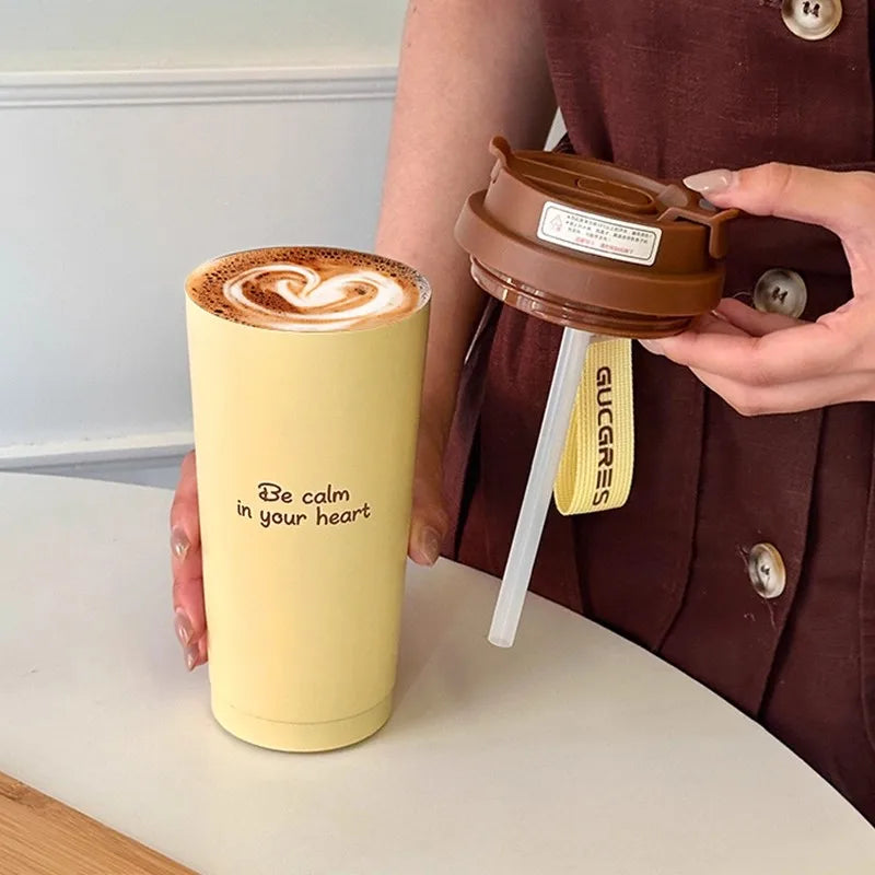 Luxury Thermal Coffee Cups Ceramic Tumbler Portable Water Bottle With Straw Stainless Steel Tea Thermos Bottle Women Men Gift