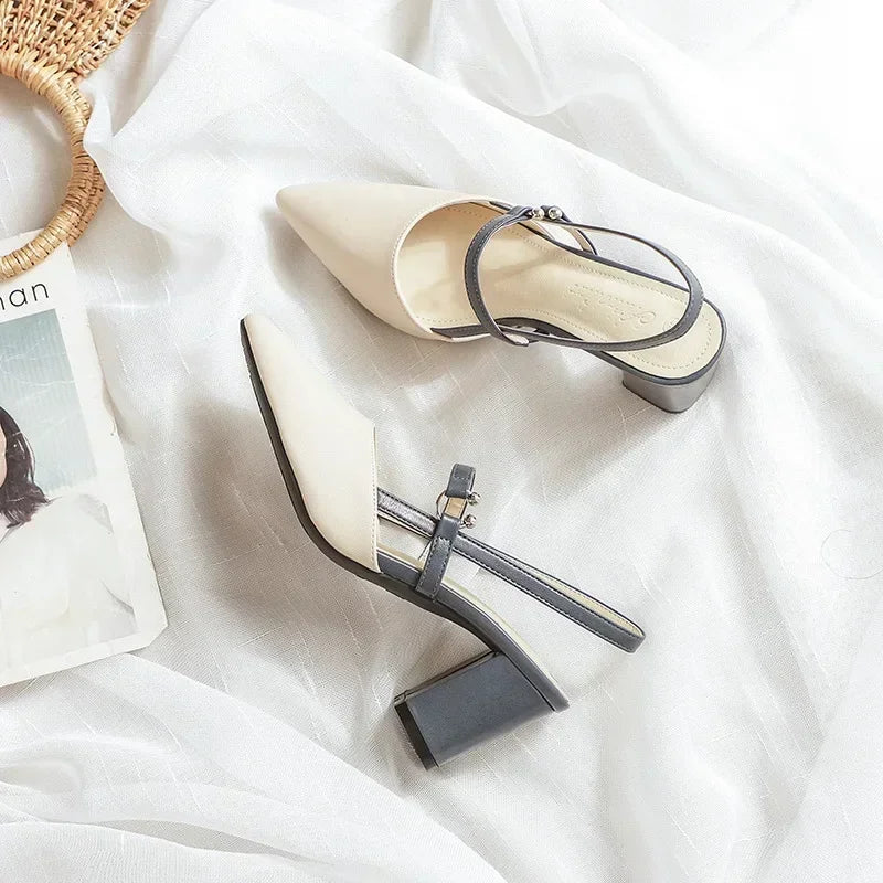 Shoes for Pumps Summer Elegant Chunky High Heels Pointed Toe Baotou Solid Ladies Shoes  Female Sandals Zapatillas Mujer 2024