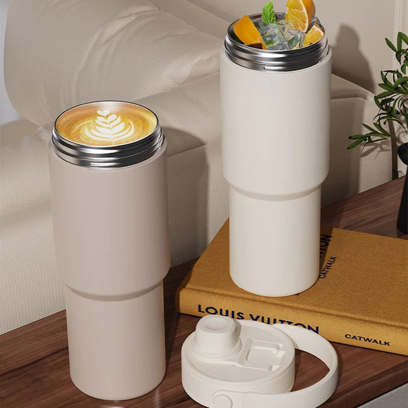 Ceramic Tumbler with Handle Thermal Mug Large 24OZ Straw Portable Cold Coffee Thermos Lined insulated Vacuum Flask Travel Bottle