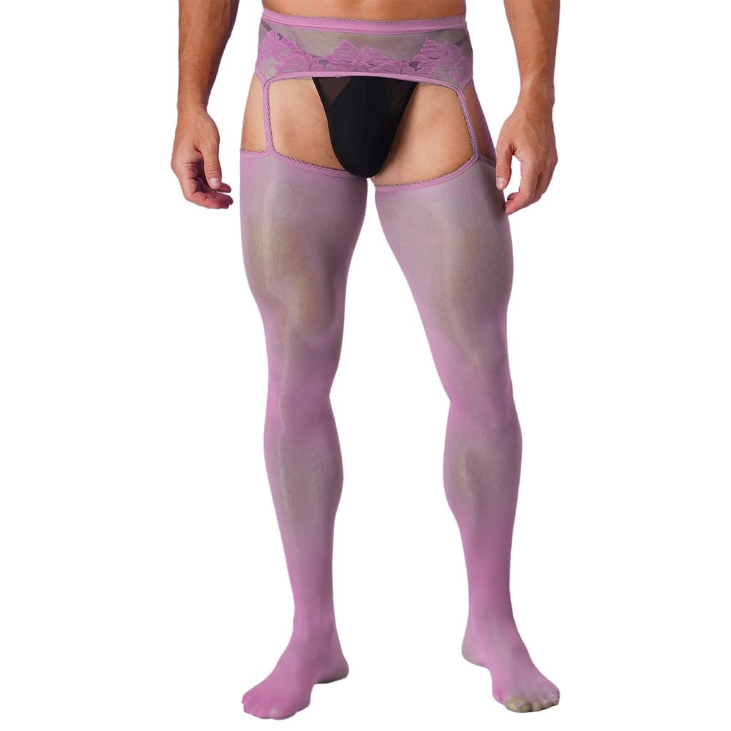 Lingerie Mens Ultra Thin Mesh Leggings Gays Pantyhose Floral Lace See Through Underpants Garter Stockings for Night Dating Wear