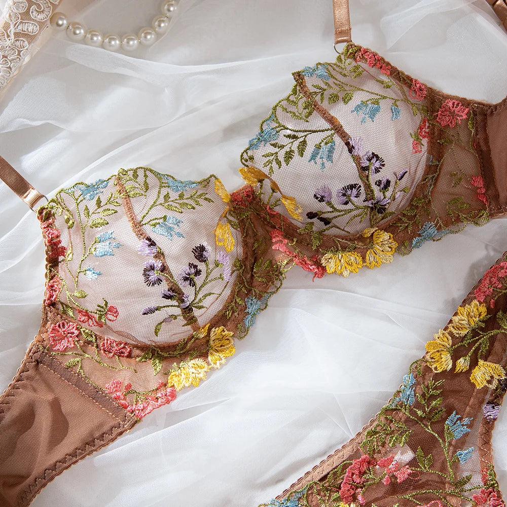 Bra Set Floral two-piece set with perspective Women sets underwear without censorship Fantasy clothing sexy lingere outfit xxx