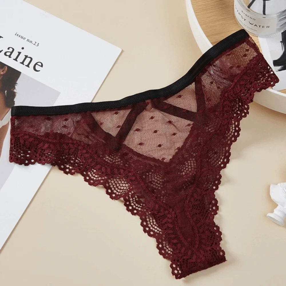 Lingerie Low Waist Lace Panties Thong Hollow Out Underwear for Women Transparent Dots Mesh Lace Briefs Girl
