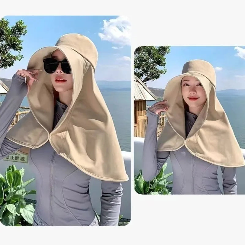 Summer Hats for Women Outdoor UV Anti Neck Protection Sun Visors for Lady Fishing Hiking Wide Brim Shawl Sunscreen Ponytail Cap