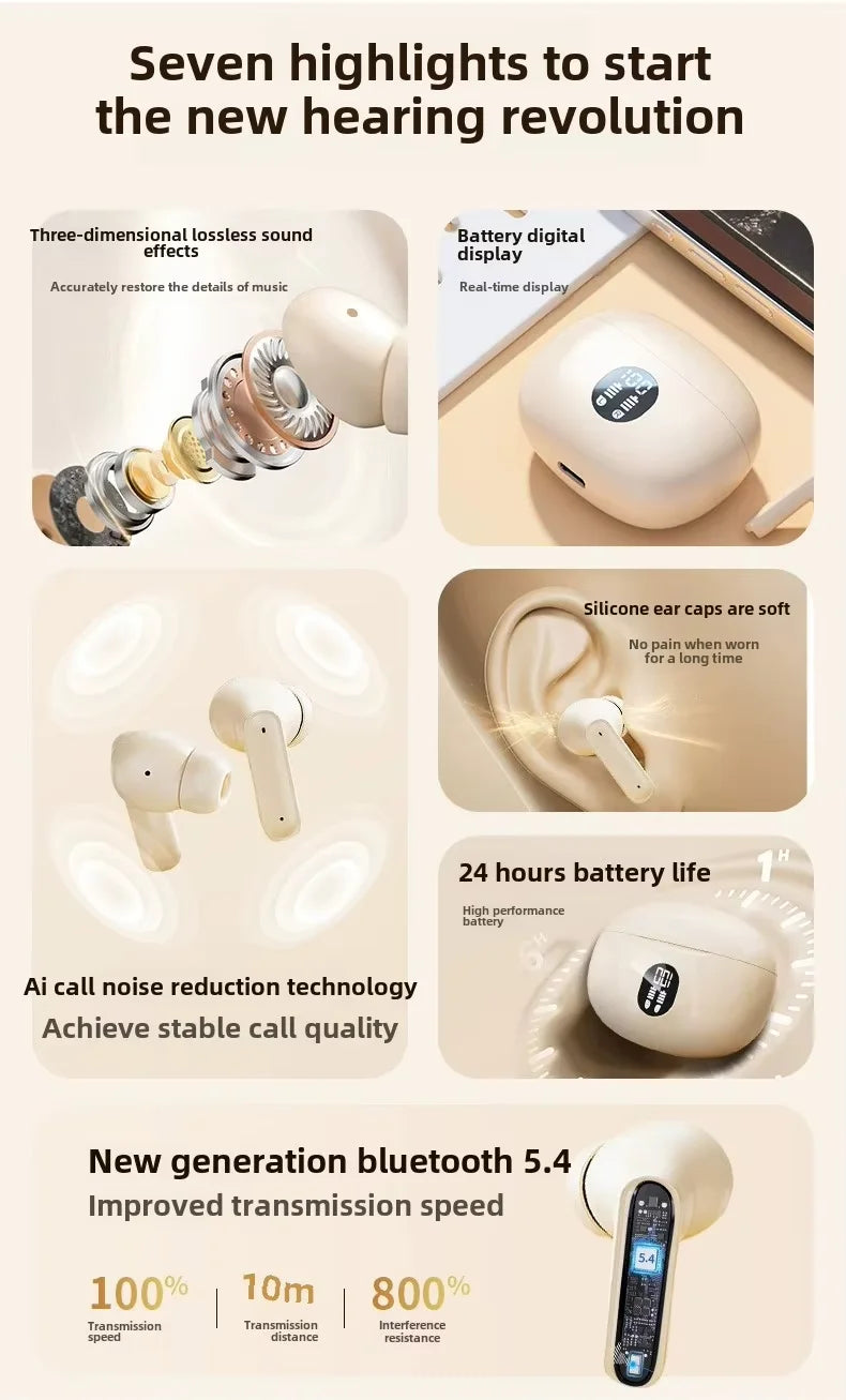 Wireless Bluetooth earphones with LED intelligent digital display, long battery life, in ear comfortable wearing