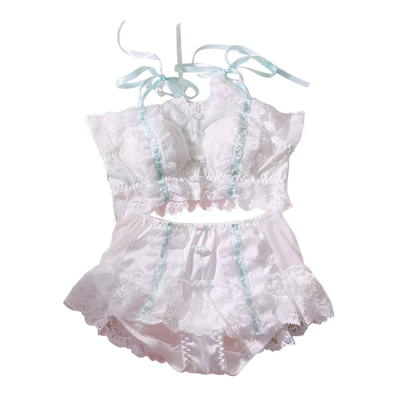 Women's Underwear Bra and Panty Set Lolita Girl Top Sexy Lingerie Cotton Intimate Vintage Lace Front Buckle Flowers Kawaii Bras