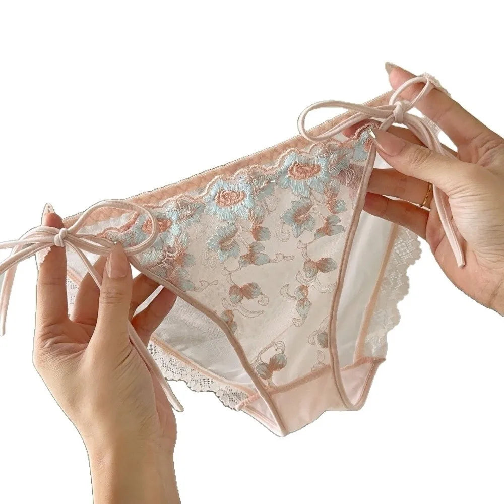 Lingerie Low Waist Embroidery Flower Panties Transparent Sweet Underwear for Women Cotton Crotch Mesh Lace Briefs Girl