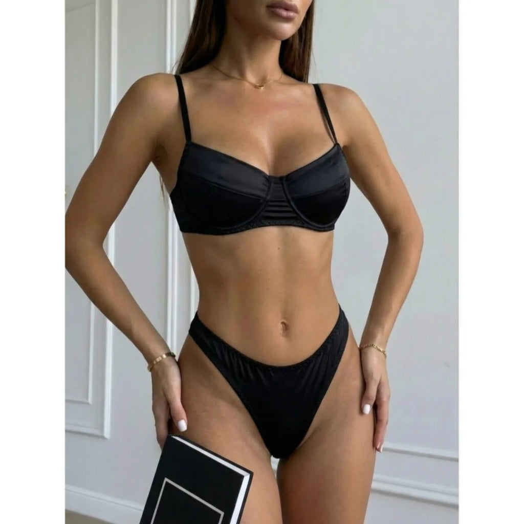 Sexy Burgundy Ruched Bra Set with Textured Fabric, Deep V Design, and High-Cut Panty for a Flattering Fit