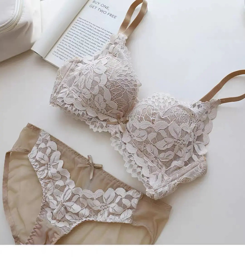 Women's Japanese Style Bra & Panty Set Luxury Lace Push Up Small Bust Support Adjustable Comfort No Gap Wirefree Free Shipping