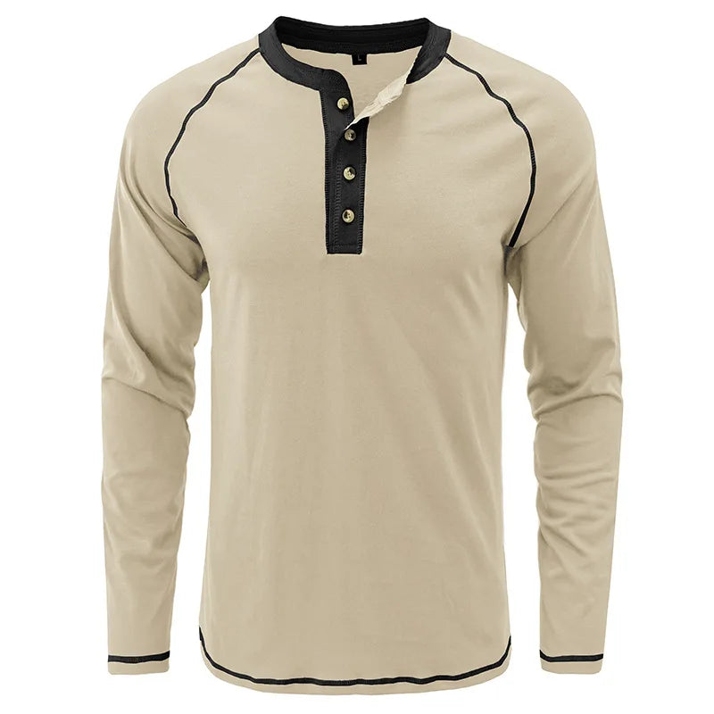 Summer  Autumn Men's American Heavy Cotton Henry Shirt  Long Sleeve Fitness Tough Guy T-Shirt Casual  T Shirt for Men Clothing