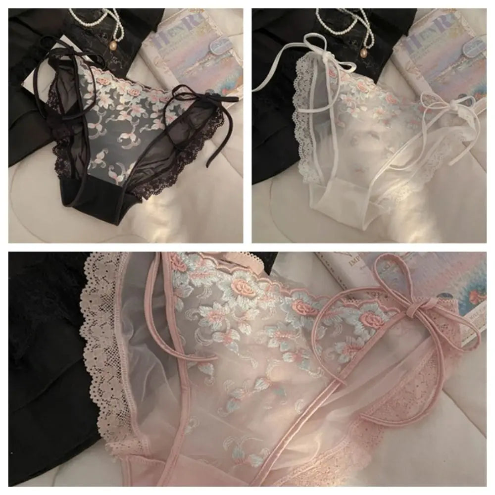 Lingerie Low Waist Embroidery Flower Panties Transparent Sweet Underwear for Women Cotton Crotch Mesh Lace Briefs Girl