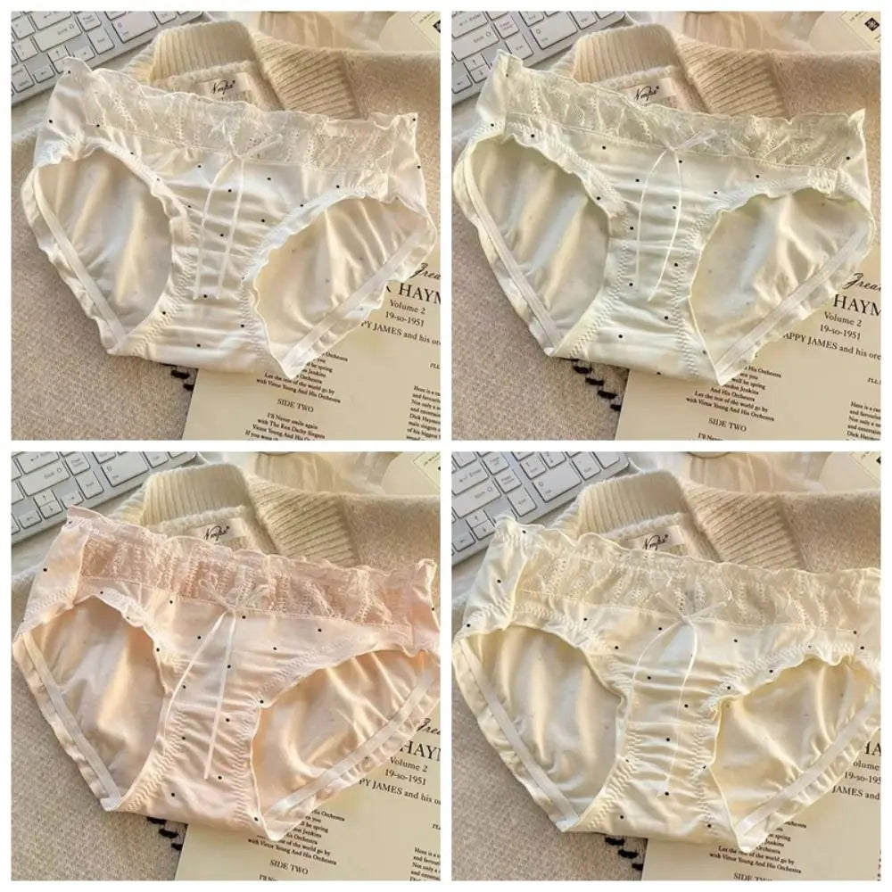 Lingerie Mid-waist Underwear Women Ruffle Patchwork Cotton Bow Briefs Dots Underpants Sweet Panties Summer