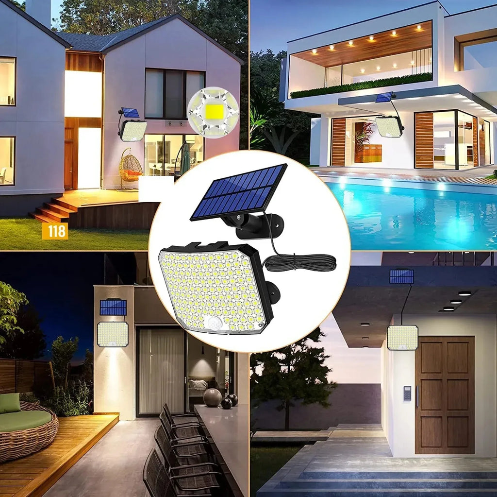 Solar Outdoor Lights 2500LM 118LED Security Lamps with Remote Control for Garden 3 Heads Motion Sensor Light IP65 Waterproof