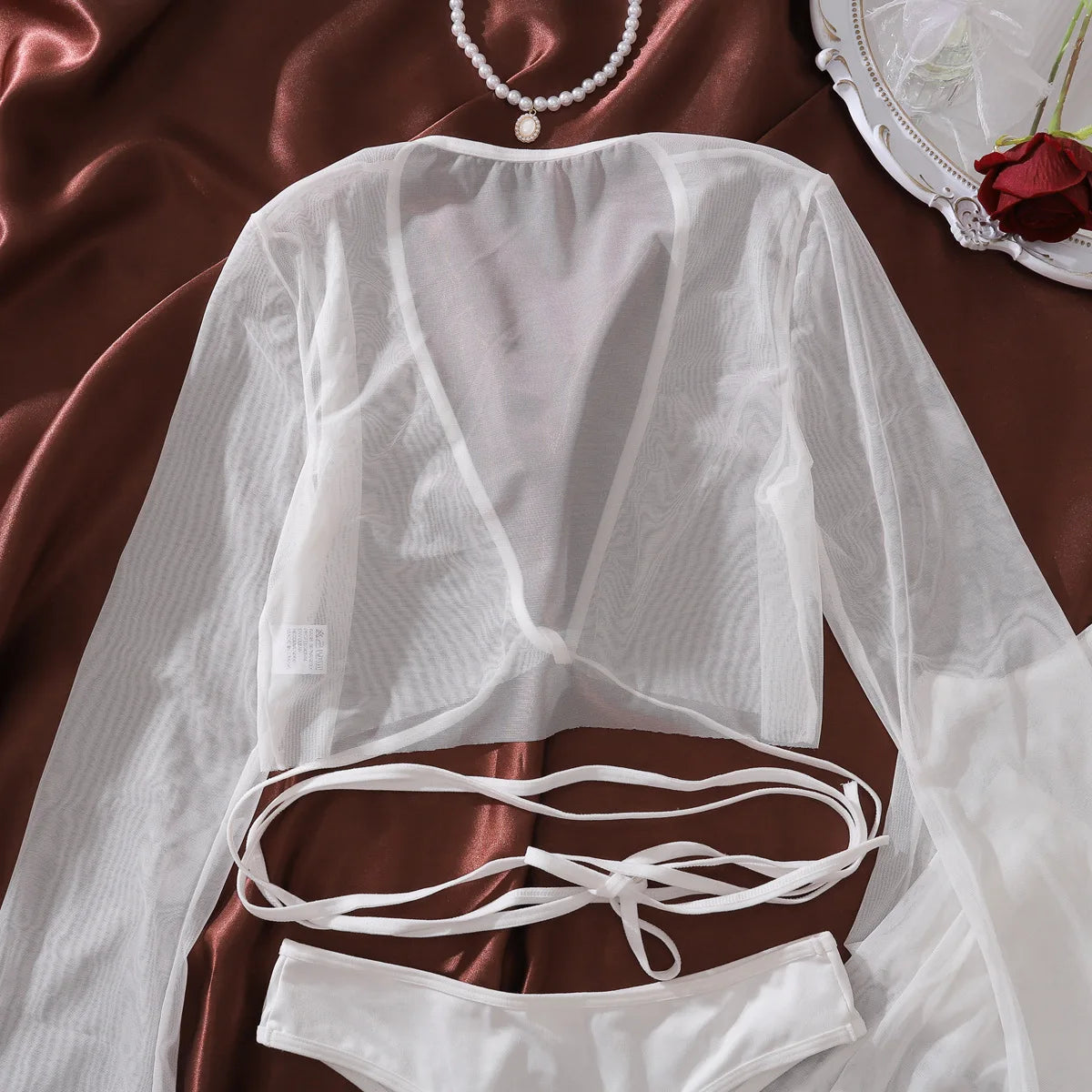 New Comfortable Perspective Mesh Bra Pants Suit Women's Sexy White Body Shaping Underwear Female Pure Desire Cover Up Split Set
