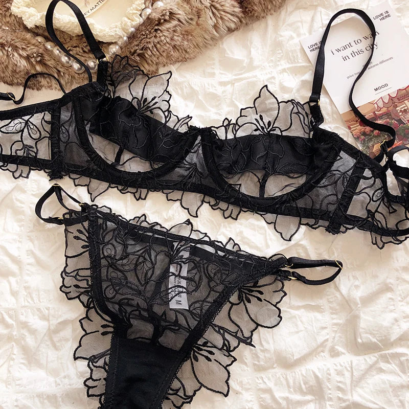 French Underwear Set Sexy Lace Flowers Embroidery Bra Set Women Intimates Summer Ultra Thin Breathable Bralette Lingerie Panties