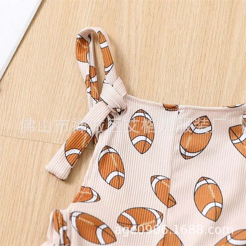 Summer Children Girls Rugby Printed Suspender Fashionable Flared Pants Kids Backless  Jumpsuit