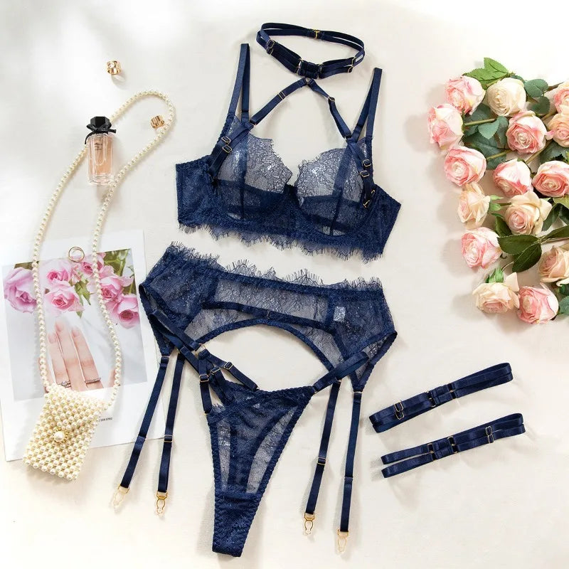 Lingeries Sexy Hot Eyelash Lace Trim Bandage Bra and Panty Lingerie Sets with Garter Belts Women's 3-Pieces Sets Erotic Costumes