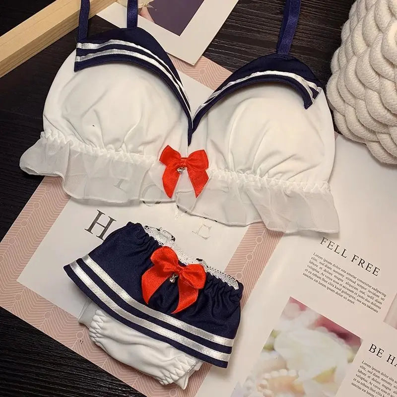Sexy Bra Set for Women and Girls, Navy Style, Breathable Thin No-Wire Triangle Cup, Lifting and Slimming Bra Two-Piece Set