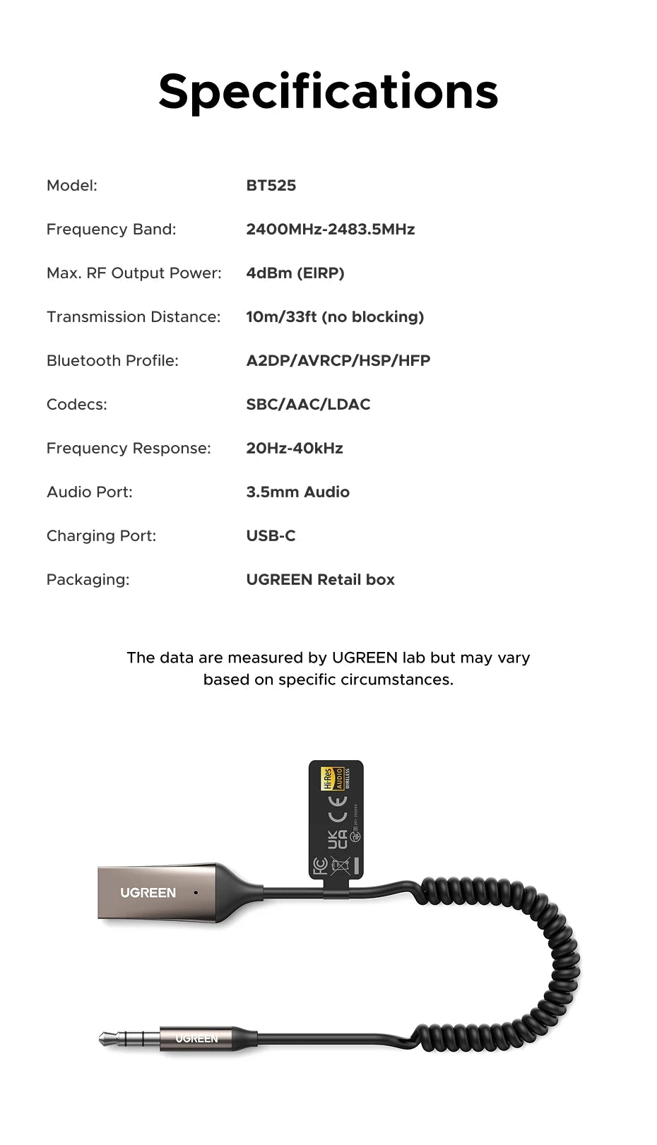 UGREEN Bluetooth 6.0 5.4 Handsfree Adapter Bluetooth 3.5mm AUX Music Navigation Streaming Microphone for Calls Car