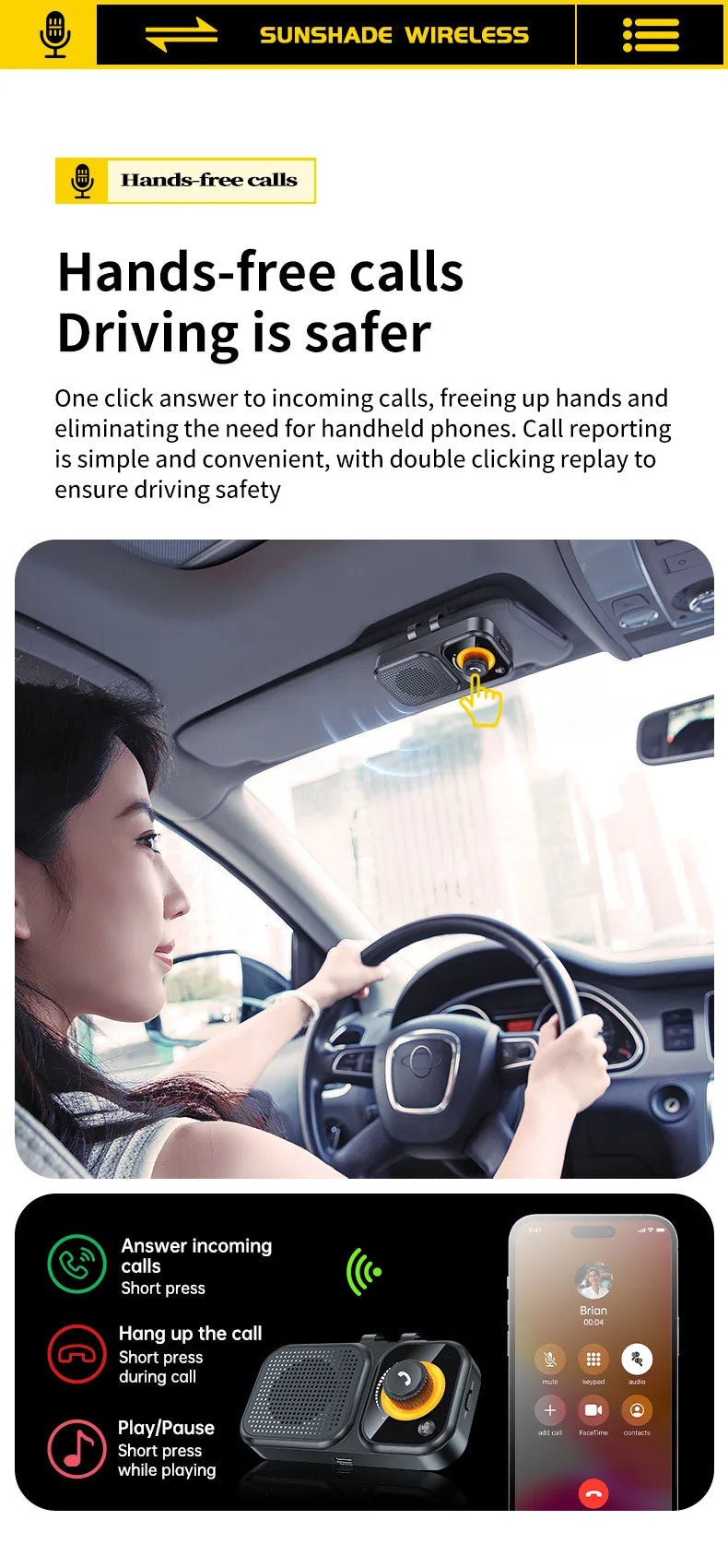 Bluetooth 5.4 Speaker Handsfree Car Kit Sun Visor Clip Wireless Audio Receiver Speakerphone Loud Music Player with Ambient Light