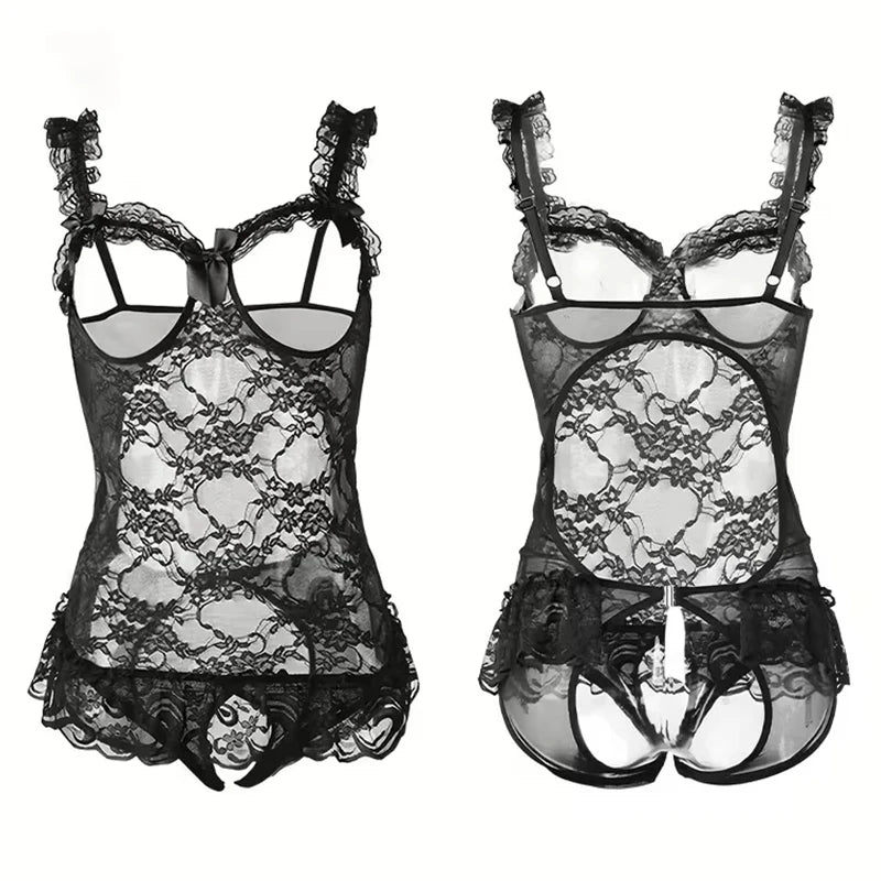 Female Sexy Lingerie Mesh Lace Floral Print Bra Set Teddy Crotchless Bodysuits For Plus Size Women Erotic Open Bra Underwear Set