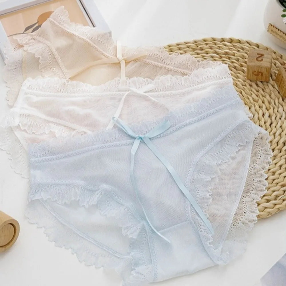 Lingerie Low Waist Lace Panties Ice Silk Bow Underwear for Women Cotton Crotch Seamless Panties Girl