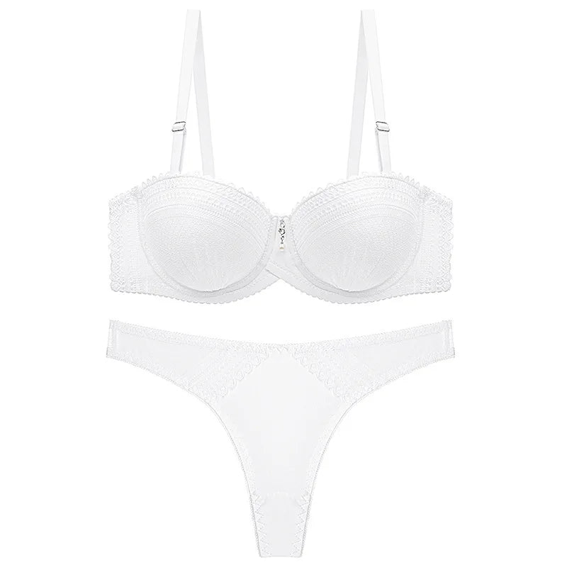 Plus Size Bras Set Women Thong 1/2 Cup Brassiere Panty Adjustable straps Push Up Soild Color Underwear Underwired Lingerie Sets