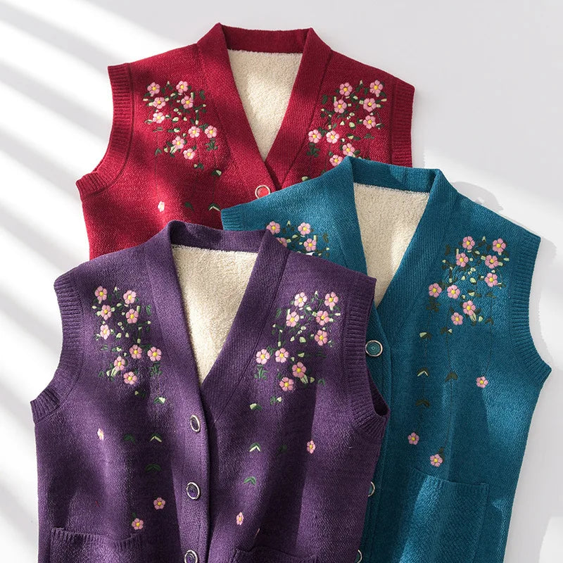 Grandma's Vest Autumn Winter Embroidered Middle Aged Mother's Outfit Cardigan Jacket Knitwears Sweater Women Wool Velvet Sueter