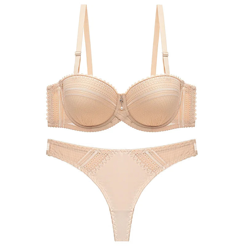 Plus Size Bras Set Women Thong 1/2 Cup Brassiere Panty Adjustable straps Push Up Soild Color Underwear Underwired Lingerie Sets