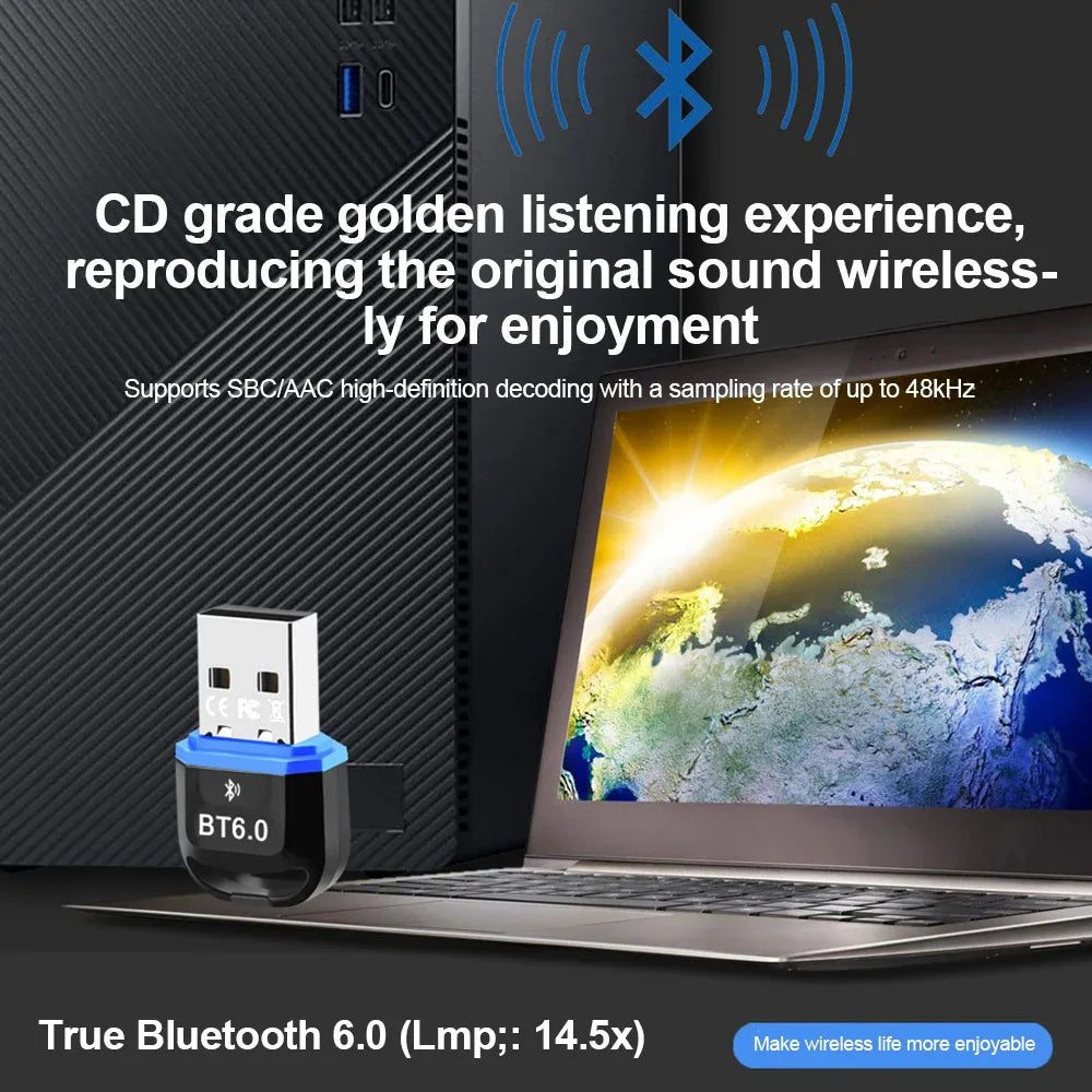 Bluetooth 6.0 USB Adapter Wireless Audio Transmitter Receiver USB Dongle for Headphone Speaker Windows 8.1/10/11 Driver Free
