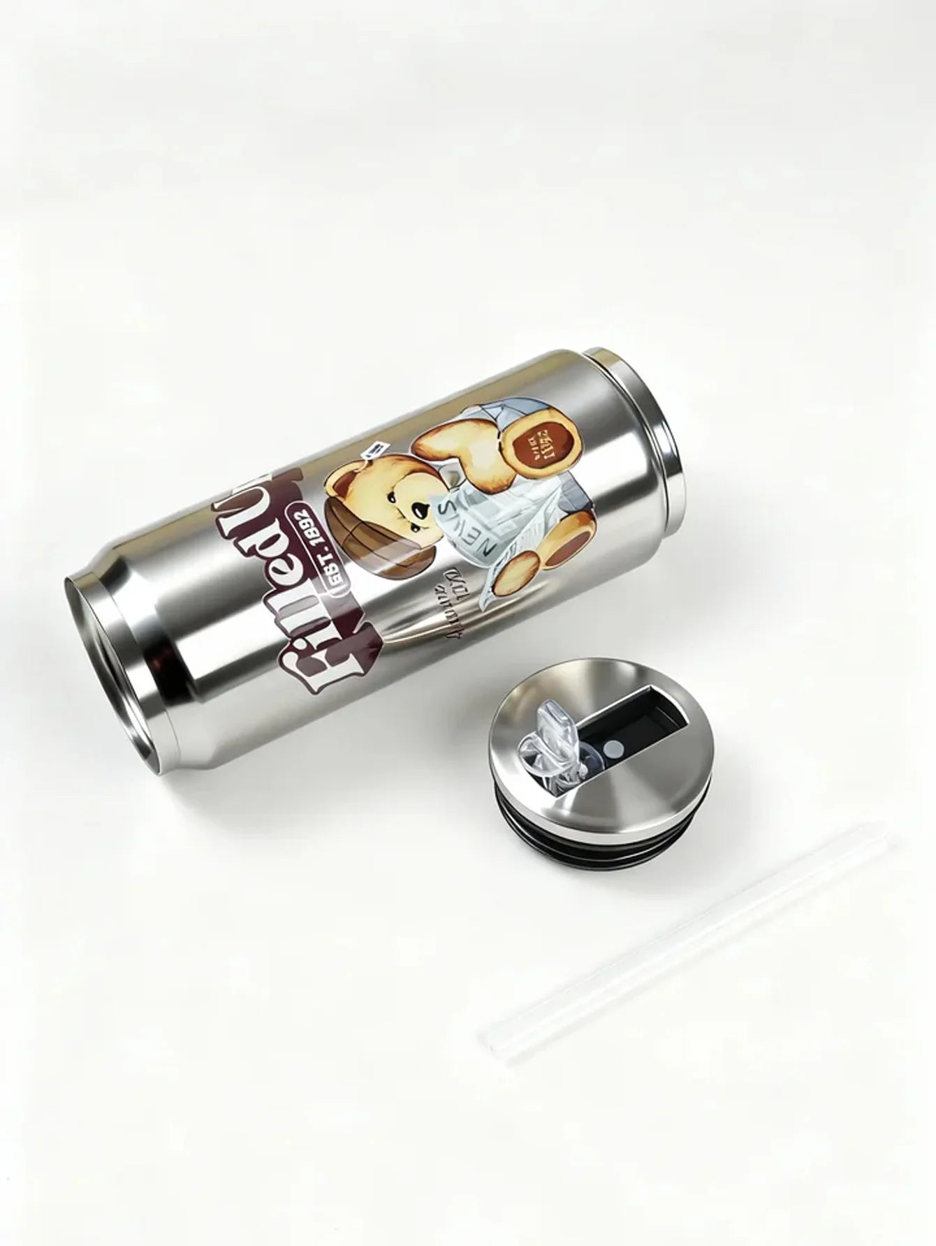 TEDDY Beer Can Thermal Cup  with Straw Double Wall Insulated Vacuum Cup for Hot & Cold Drinks, Portable Travel Mug