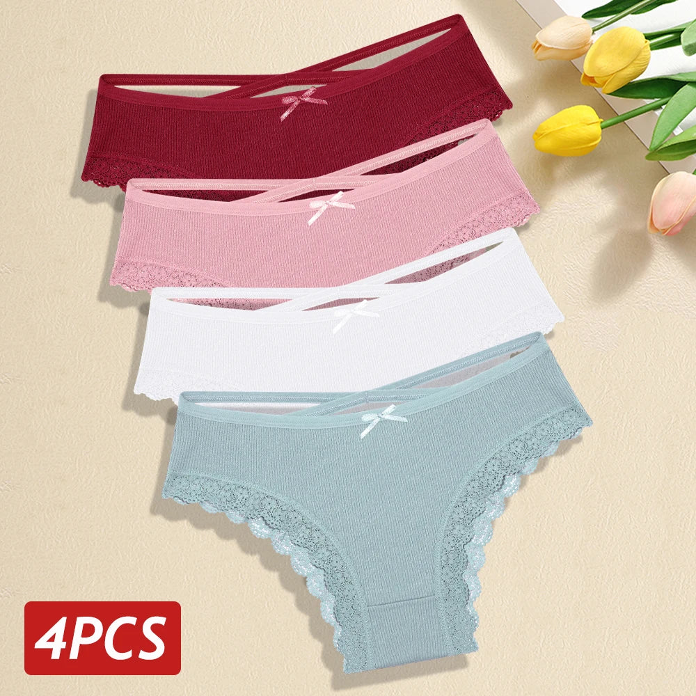 4PCS/Set Women Cotton Panties Sexy Lace Braizlian Panties Low Rise Hollow Out Underwear for Female Cute Bow Breathable Lingerie