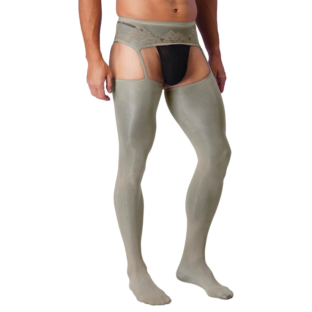 Lingerie Mens Ultra Thin Mesh Leggings Gays Pantyhose Floral Lace See Through Underpants Garter Stockings for Night Dating Wear