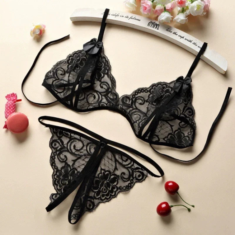 Sexy Lace-up Lingerie Set Women Hot Open Crotch Transparent Sexy Bra and Panty Sets Sex Temptation Erotic Couples Date Underwear