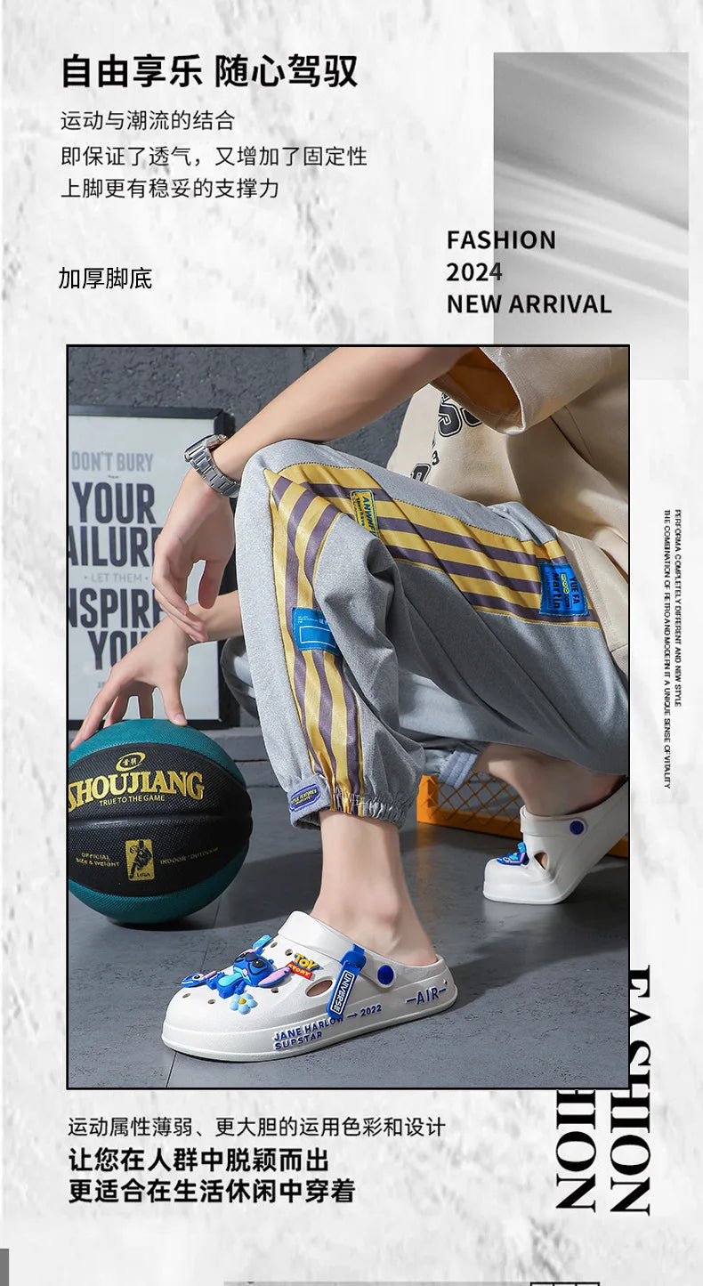 Stitch Cave Shoes 2024 Summer New Ins Trendy Outerwear Versatile Anti slip Thick Bottom Beach Headover Slippers for Men