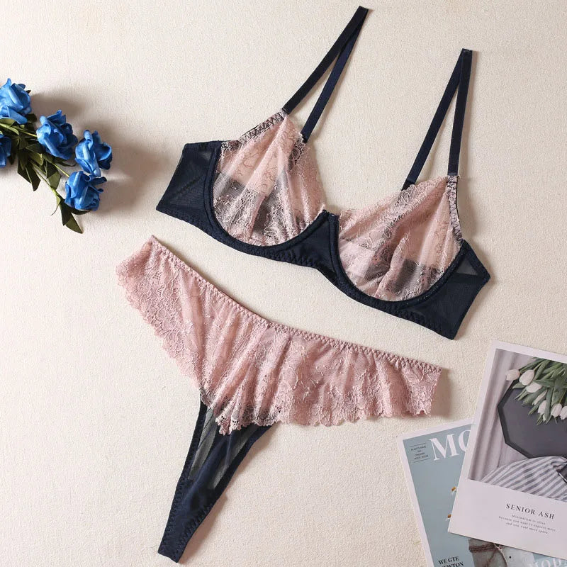 Women Bra and Briefs Sets Lace Flower Embroidery Sexy Perspective Underwire Erotic Lingerie Panty Two-Piece Underwear Set 2026