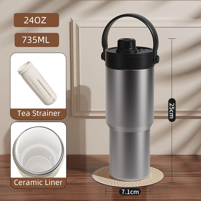 Ceramic Tumbler with Handle Thermal Mug Large 24OZ Straw Portable Cold Coffee Thermos Lined insulated Vacuum Flask Travel Bottle