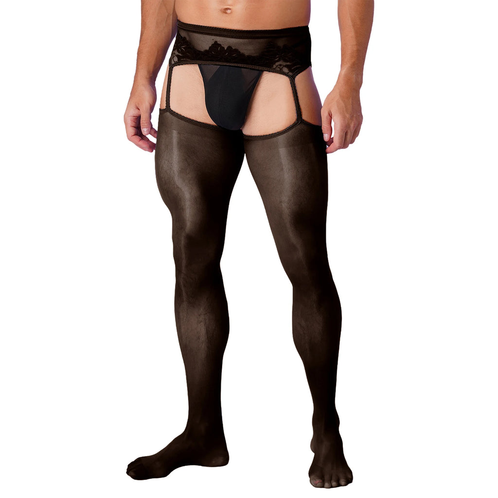 Lingerie Mens Ultra Thin Mesh Leggings Gays Pantyhose Floral Lace See Through Underpants Garter Stockings for Night Dating Wear