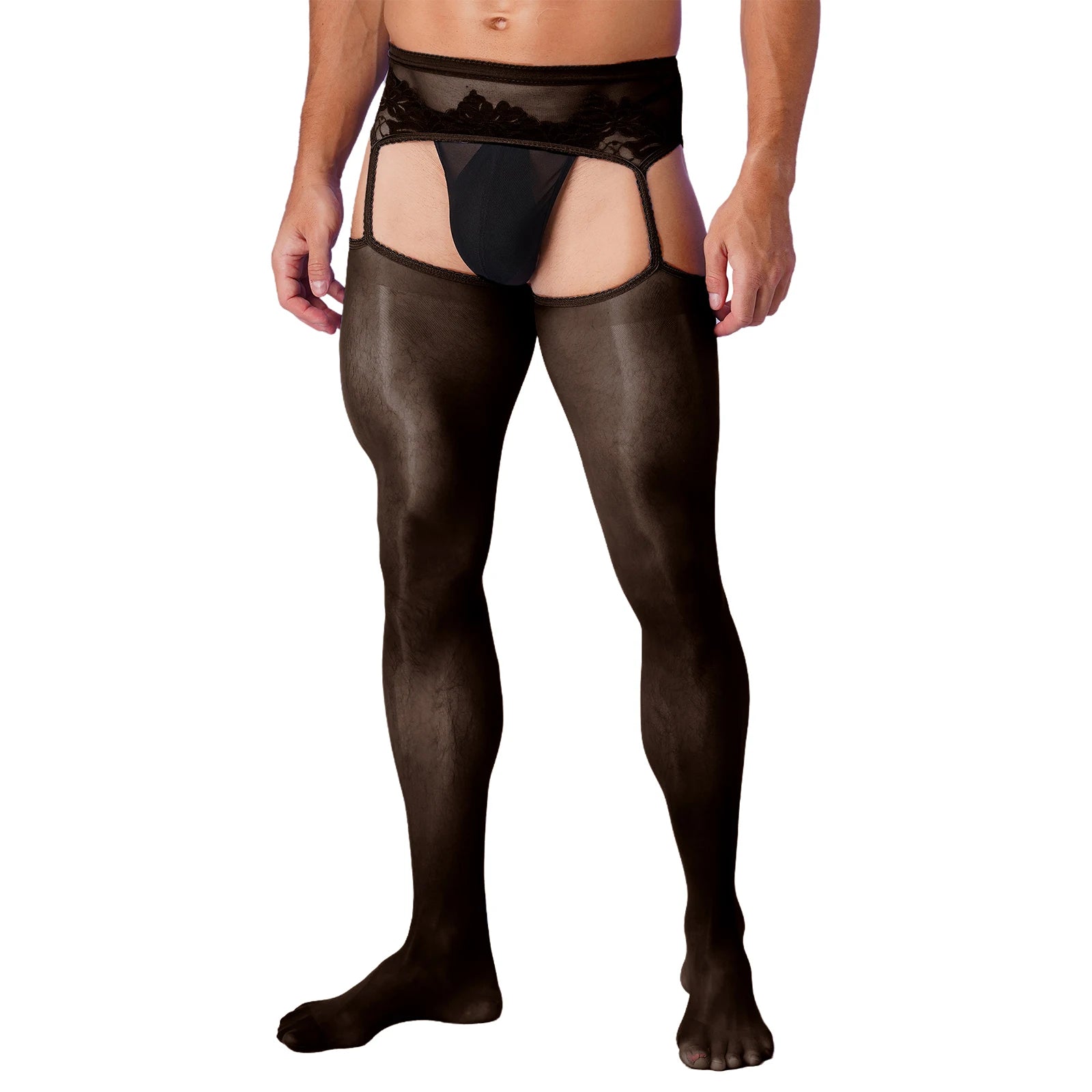 Lingerie Mens Ultra Thin Mesh Leggings Gays Pantyhose Floral Lace See Through Underpants Garter Stockings for Night Dating Wear