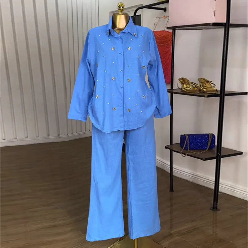 Pant Set Women Two Piece Sets Beaded Turn Down Collar Full Sleeve Shirt Single Breasted Wide Leg Long Pants Elastic Waist 2026