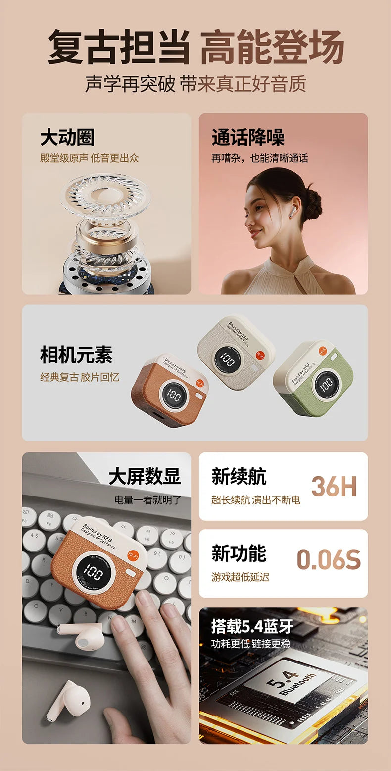 Bluetooth 5.4 vintage fashion wireless earphones, suitable for laptops, tablets, smartphones, and sports fitness, with LED displ