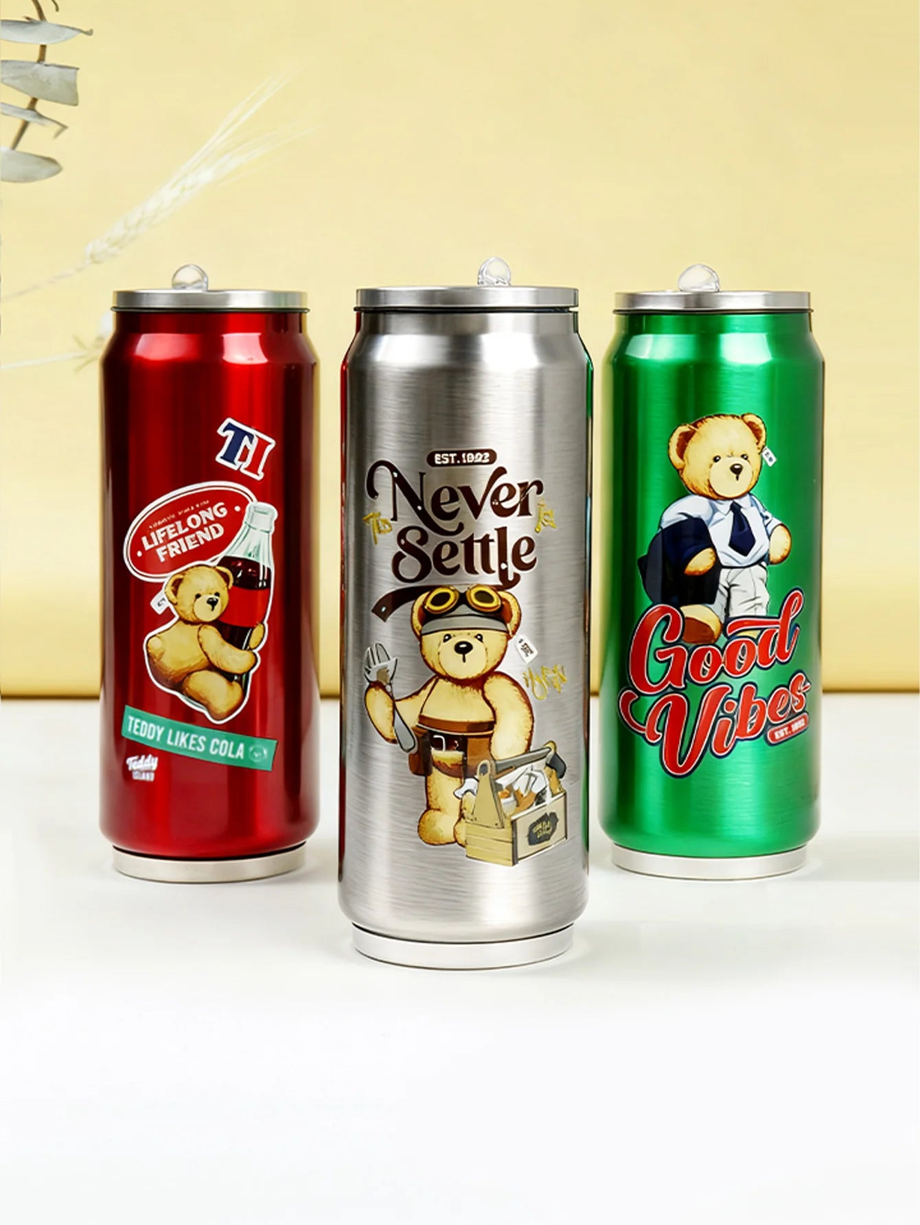 TEDDY Beer Can Thermal Cup  with Straw Double Wall Insulated Vacuum Cup for Hot & Cold Drinks, Portable Travel Mug