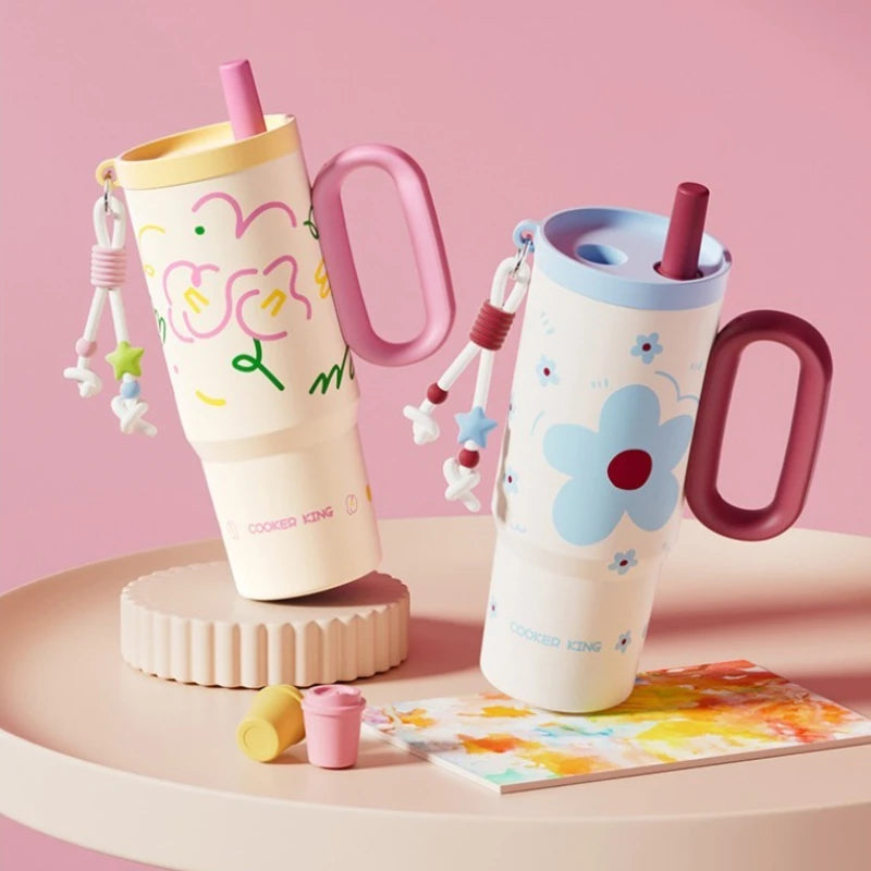 COOKER KING Spot Goods Vacuum Cup Thermal Mug Straw Insulated Ice Cup Car Thermal Mug with Handle Stylish Insulated Coffee Cup