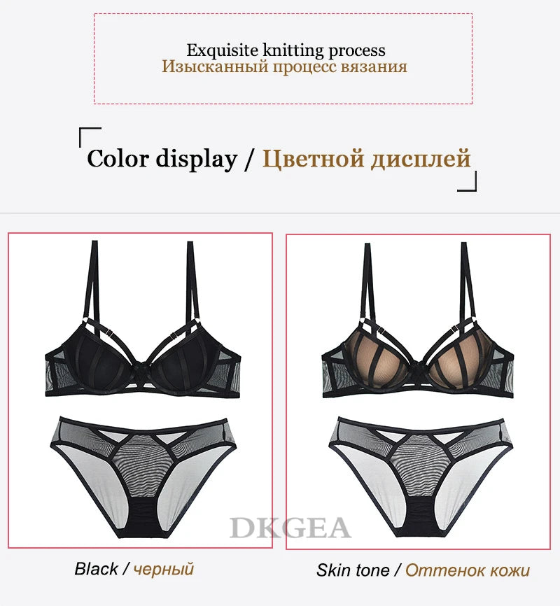 Bandage Push Up Bra Panties Sets Thick Padded Brassiere Fashion Black Deep V Sexy Underwear Set Women Plus Size D Cup Lingerie