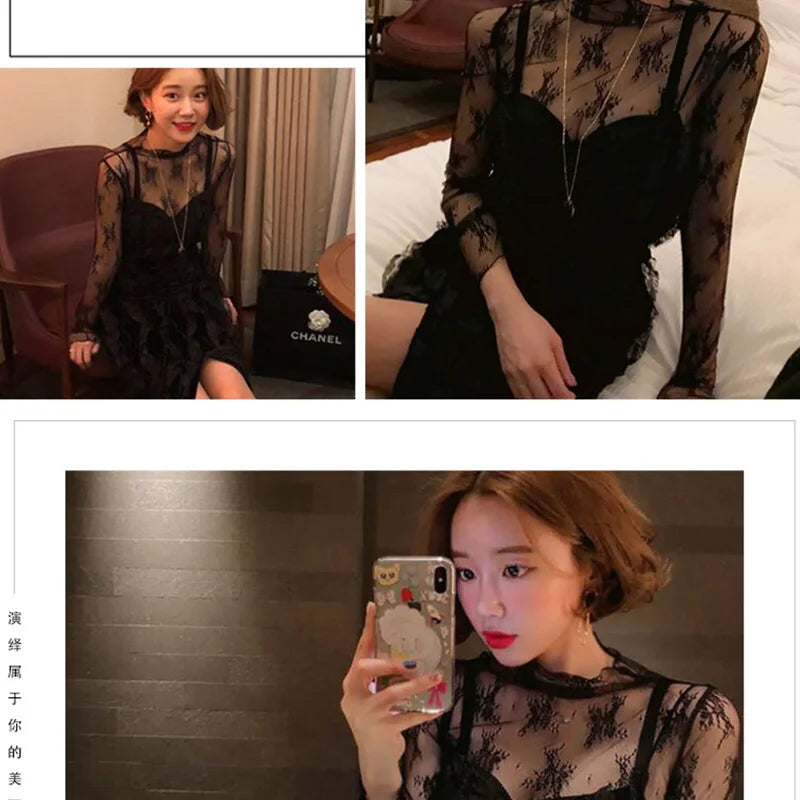 Summer Women Lace Floral Embroidery Blouses Shirt Ladies tops Sexy mesh Blouses Transparent Elegant See-through Black Shirt