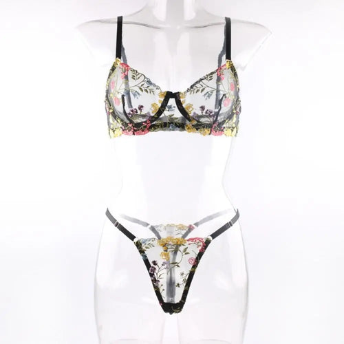 2-Piece Versatile Floral Lingerie Set Embroidery Sheer Boho Bra Panty Set Intimates