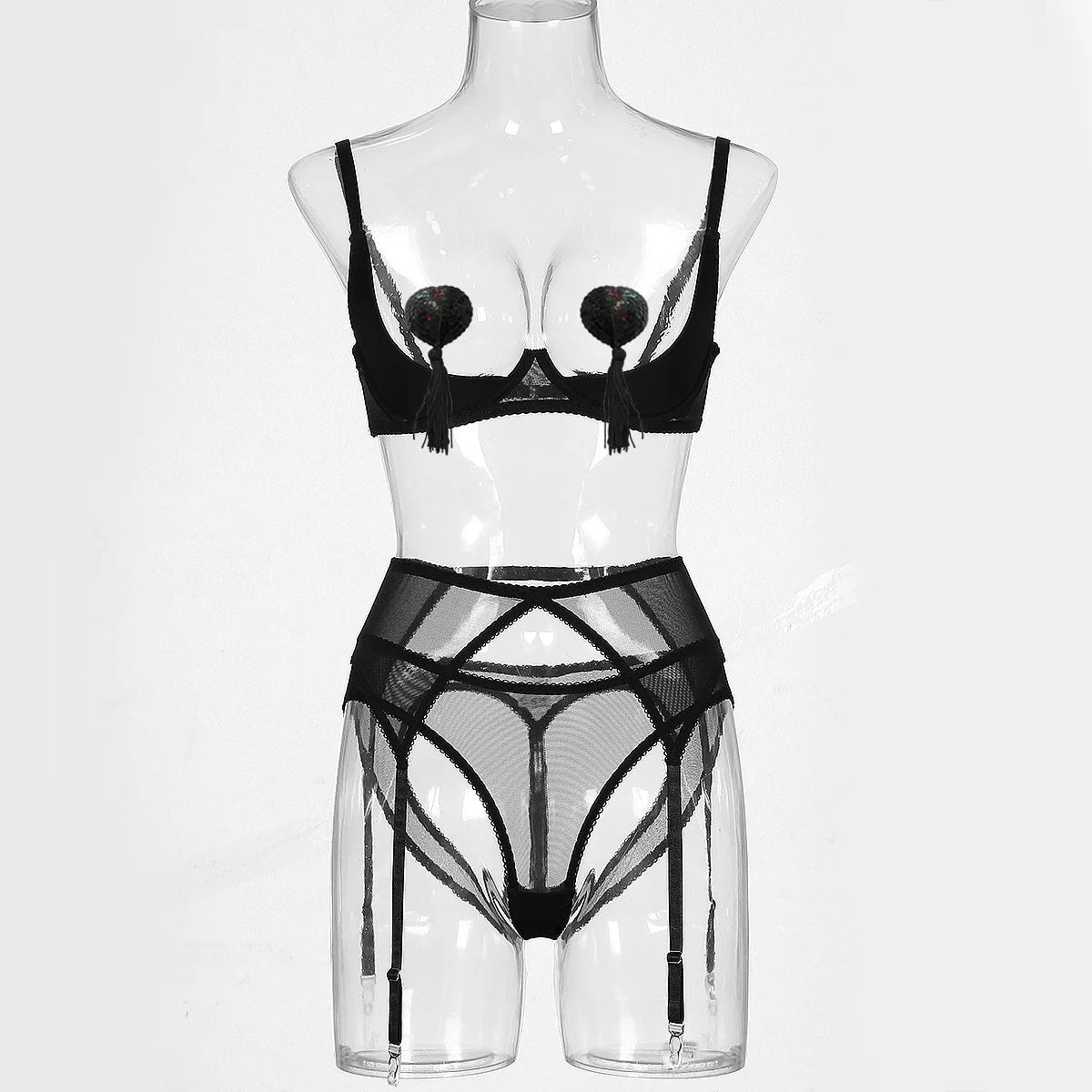 Bra Set Breast revealing deep V-shaped binding strap tassel hollow out sexy lingerie sexy set diamond girl bra and panties sets