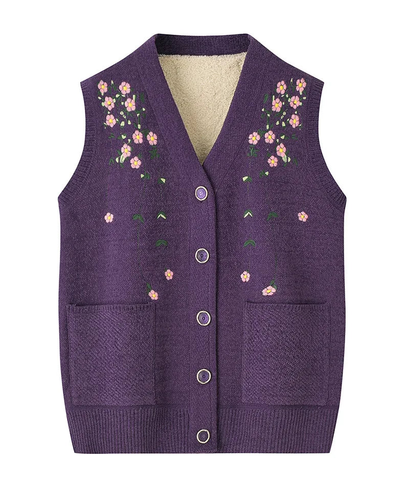 Grandma's Vest Autumn Winter Embroidered Middle Aged Mother's Outfit Cardigan Jacket Knitwears Sweater Women Wool Velvet Sueter